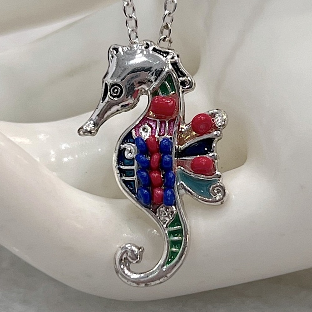 Beaded Enameled Seahorse Silver Necklace